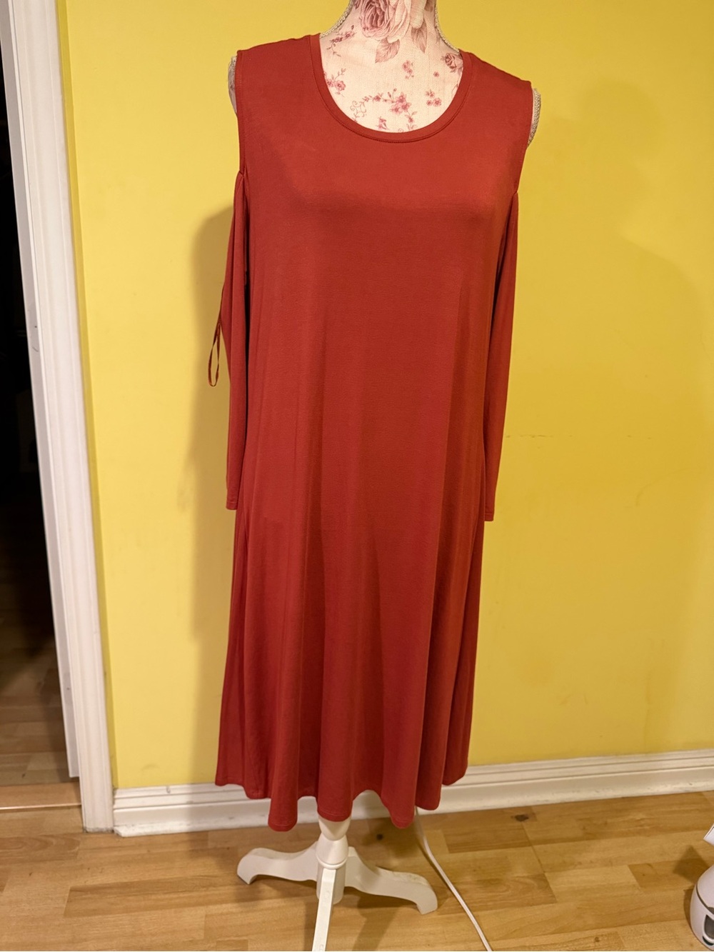 Style & Co. Rust Long-Sleeve Cold-Shoulder Swing Dress